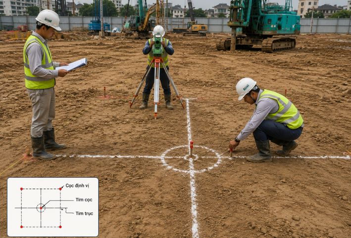 Các bước chi tiết trong quy trình định vị tim cọc khoan nhồi