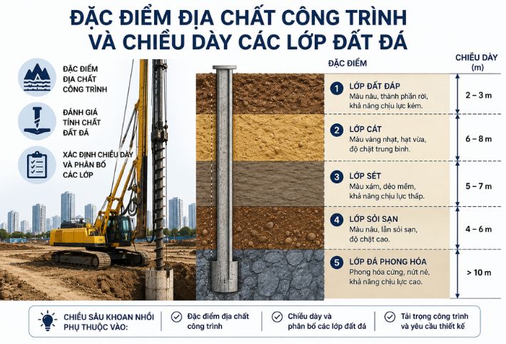 Đặc điểm địa chất công trình và chiều dày các lớp đất đá trong thiết kế móng