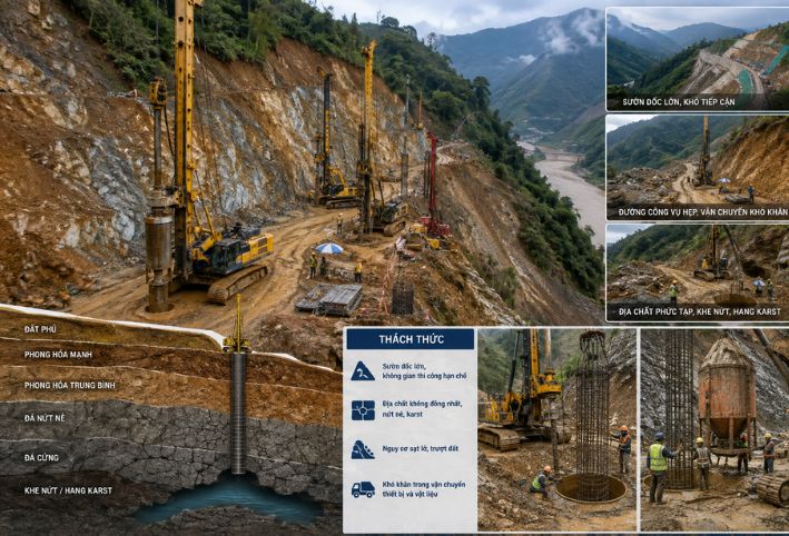 Thi công cọc khoan nhồi trên địa hình đồi núi, sườn dốc và địa chất phức tạp