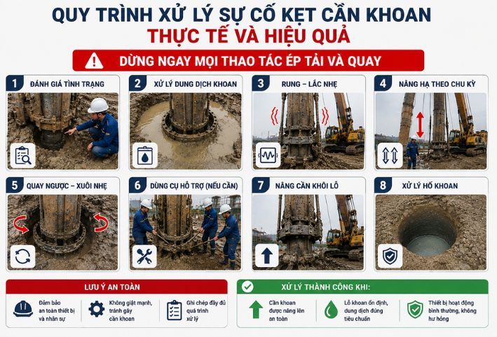 Biện pháp dừng ngay thao tác ép tải và quay khi gặp sự cố kẹt cần khoan