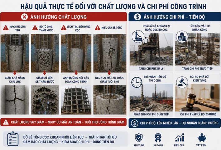 Hậu quả thực tế đối với chất lượng và chi phí công trình khi gián đoạn đổ bê tông cọc khoan nhồi