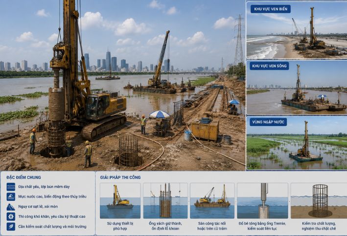 Thi công cọc khoan nhồi tại khu vực ven sông, ven biển và vùng ngập nước