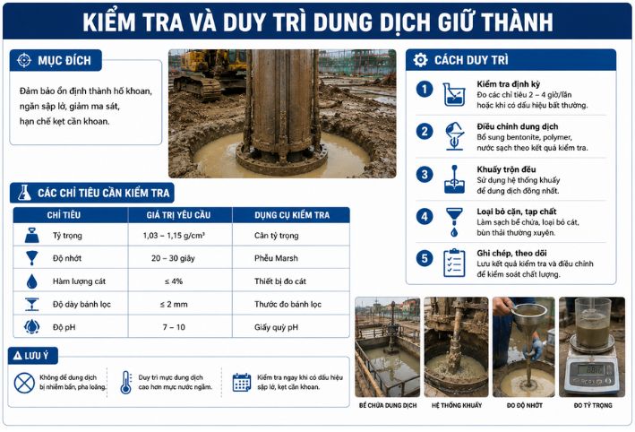 Quy trình kiểm tra và duy trì dung dịch giữ thành trong thi công cọc khoan nhồi