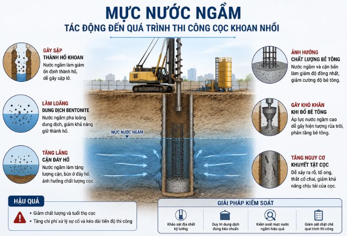 Mực nước ngầm tác động như thế nào đến quá trình thi công cọc khoan nhồi