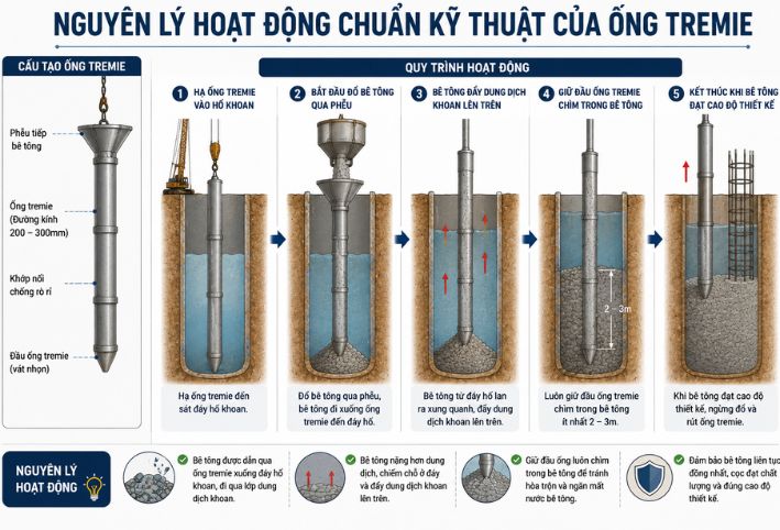 Nguyên lý hoạt động chuẩn kỹ thuật của ống tremie trong đổ bê tông cọc khoan nhồi