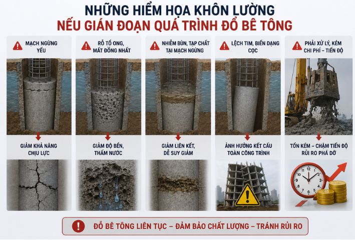 Những hiểm họa khôn lường nếu gián đoạn quá trình đổ bê tông cọc khoan nhồi
