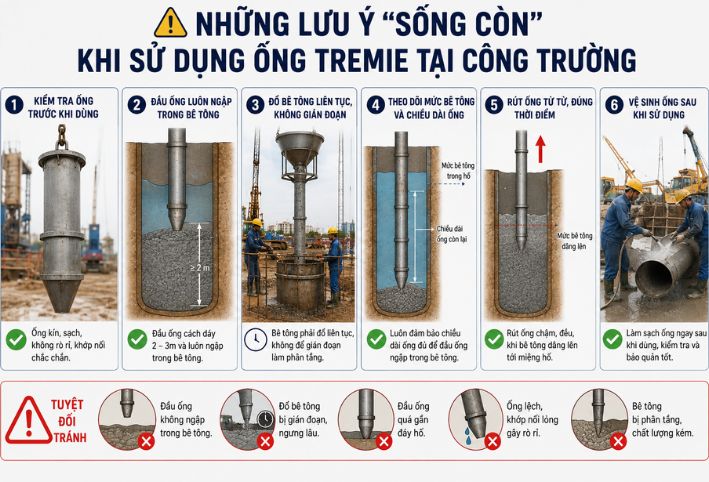 Những lưu ý sống còn khi sử dụng ống tremie tại công trường thi công cọc khoan nhồi