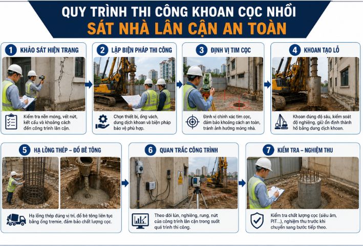 Quy trình thi công khoan cọc nhồi an toàn sát công trình lân cận