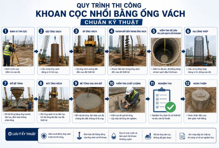 Quy trình thi công khoan cọc nhồi dùng ống vách chuẩn kỹ thuật từng bước
