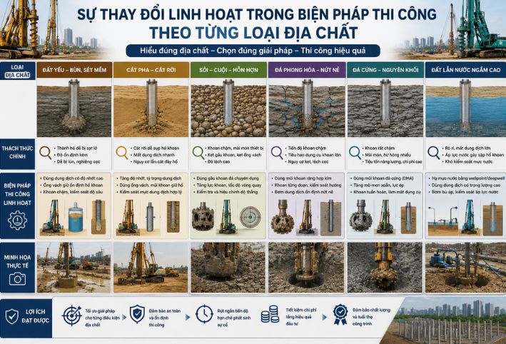 Sự thay đổi linh hoạt trong biện pháp thi công theo từng loại địa chất