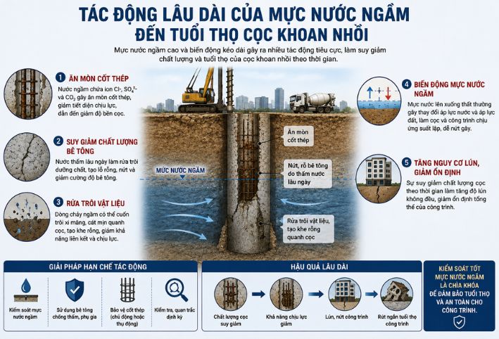 Tác động lâu dài của mực nước ngầm đến tuổi thọ và độ bền cọc khoan nhồi
