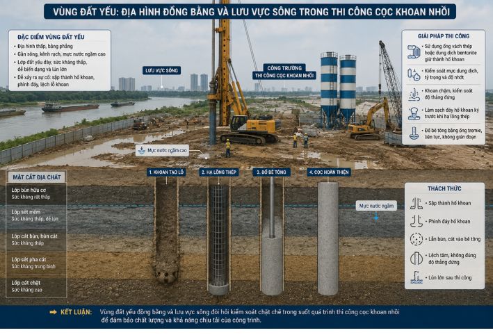 Vùng đất yếu, địa hình đồng bằng và lưu vực sông: Ưu thế của cọc khoan nhồi