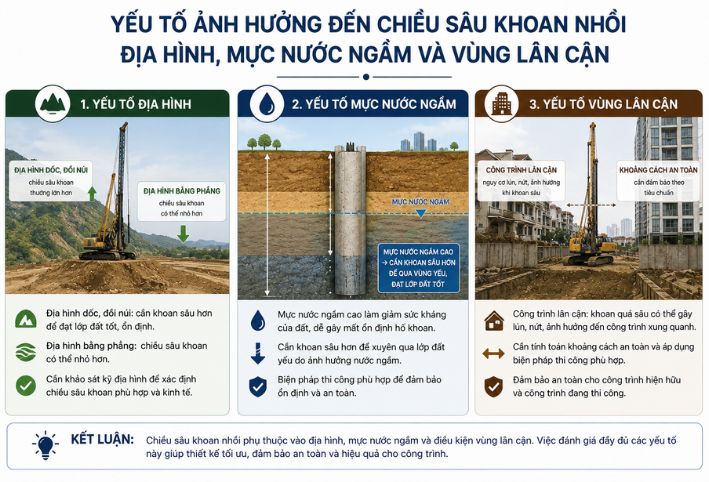 Ảnh hưởng của địa hình, mực nước ngầm và vùng lân cận đến thi công cọc khoan nhồi